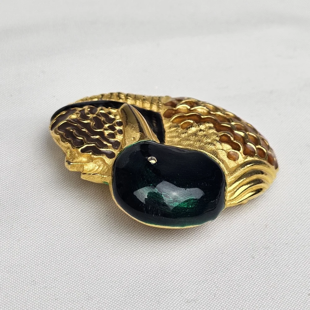 Paquette Gold Tone Textured Figural Enamel Mallard Duck Brooch - Picture 9 of 9